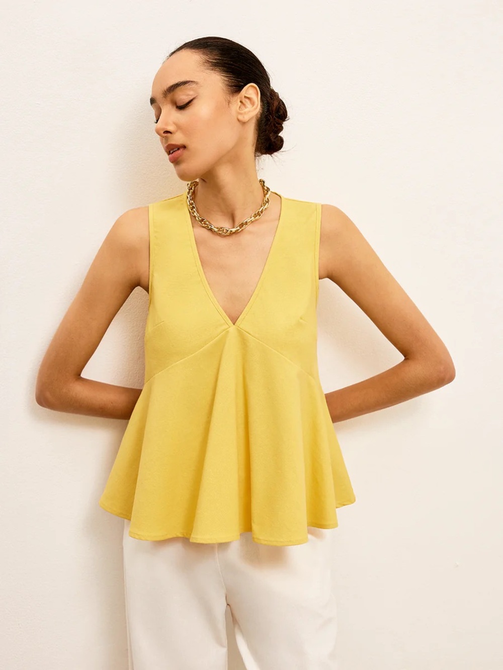 Commense Cotton & Linen V-Neck Peplum Top